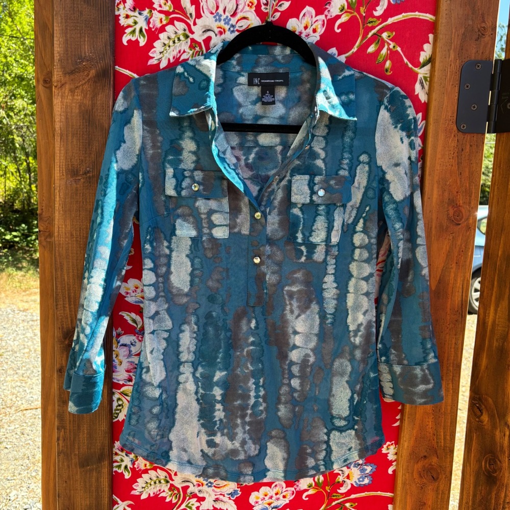 Blue Grey Tie Dye Semi Sheer Mesh Button Front 3/4 Sleeve Women's Blouse Size S
